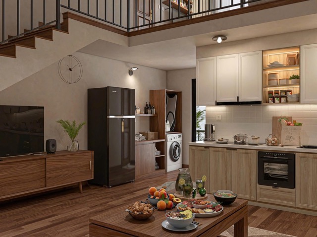 thiết kế bếp mở liên thông phòng khách hiện đại tại Long Xuyên, sử dụng gỗ MDF chống ẩm