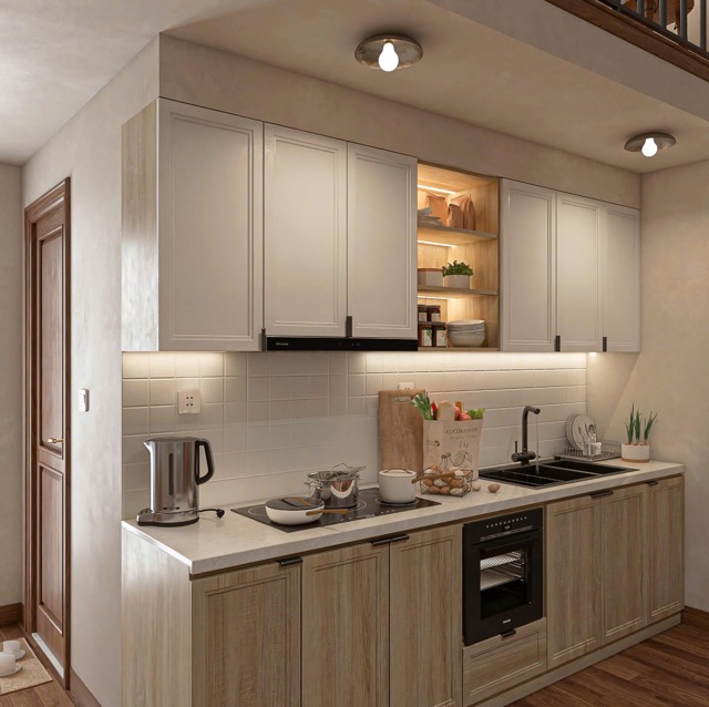 khu bếp hiện đại sử dụng tủ MDF chống ẩm, mặt đá sáng và hệ tủ treo đồng màu gỗ