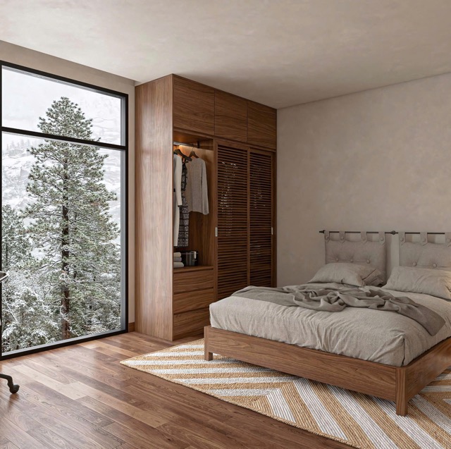 phòng ngủ nhà gác lửng hiện đại với giường gỗ walnut và tủ quần áo cánh chớp CITAD thiết kế