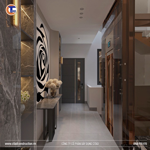 Thiết kế sảnh nhà phố cao cấp với họa tiết tường nghệ thuật – CITAD Construction