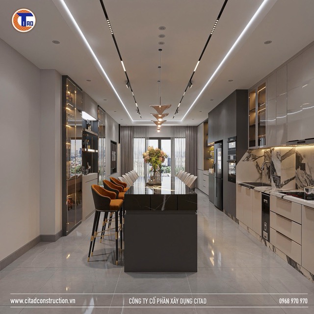 Thiết kế bếp liên thông bàn ăn đá vân mây sang trọng – CITAD Construction An Giang