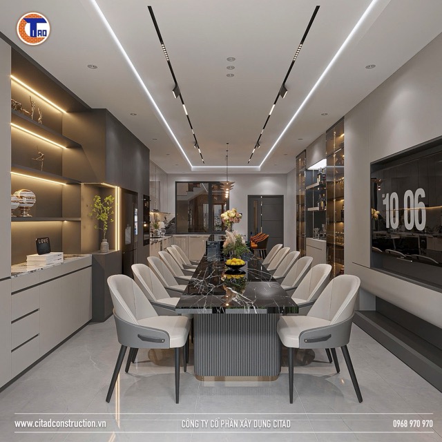 Thiết kế phòng khách liên thông bếp và bàn ăn hiện đại cao cấp tại Long Xuyên – CITAD Construction
