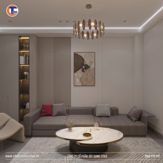 Thiết kế phòng khách sang trọng với sofa chữ L và đèn chùm hiện đại – CITAD Construction