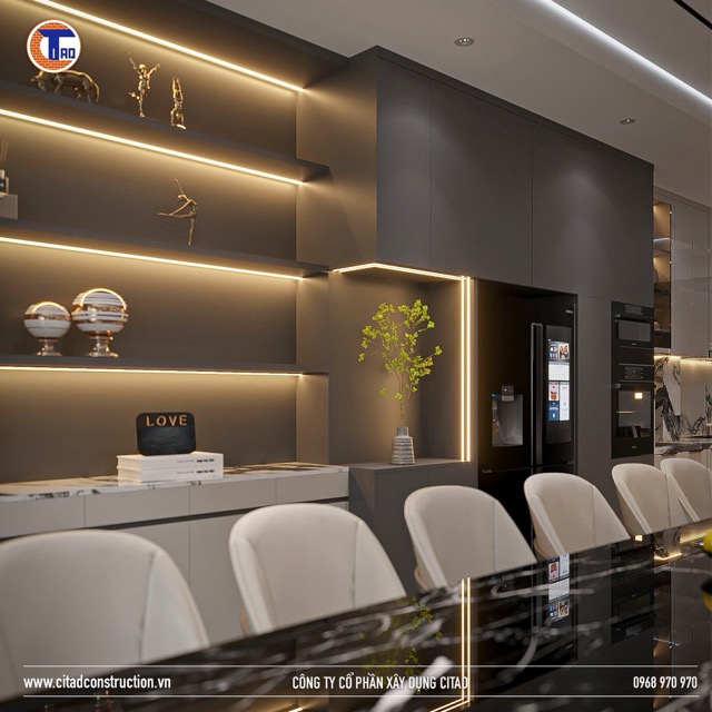 Tủ trang trí phòng khách liên thông bếp hiện đại với đèn LED hắt sáng – CITAD Construction